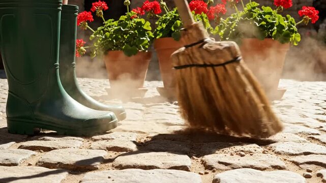 Sweeping a stone patio with broom and wellington boots near potted geranium plants, sunny outdoor scene