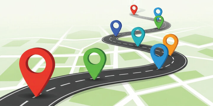 Navigation Map with Location Pins and Winding Road Route GPS Direction Travel Path Planning Concept for Transportation and Delivery Services Illustration