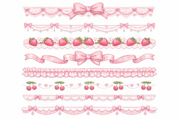 Vintage coquette lace dividers set. Hand drawn pink elegant ribbon, bow, strawberry, cherry, cloth ruffle, frill seamless borders. © Bibi
