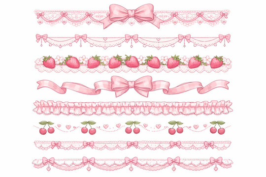 Vintage coquette lace dividers set. Hand drawn pink elegant ribbon, bow, strawberry, cherry, cloth ruffle, frill seamless borders.