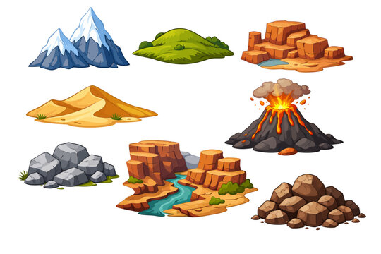 Cartoon mountain landscape elements. Vector icy peaks, hill, canyon, sand dune, rocks and volcano for camping, climbing