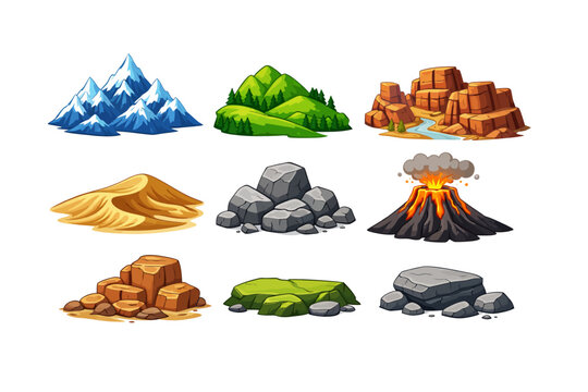 Cartoon mountain landscape elements. Vector icy peaks, hill, canyon, sand dune, rocks and volcano for camping, climbing or hiking illustration