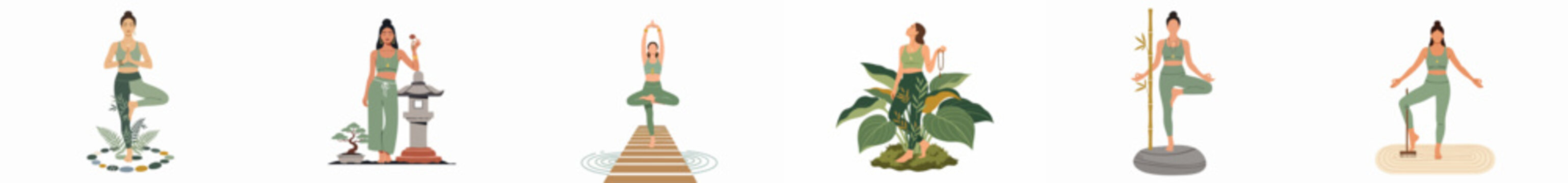 Set of illustrations featuring a woman in yoga poses and meditation moments, surrounded by nature, stones, and Zen elements for holistic health.