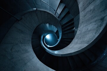 Obraz premium A striking, high-angle perspective captures the mesmerizing spiral of a concrete staircase, bathed in a cool, ethereal light that draws the eye towards an unseen destination.