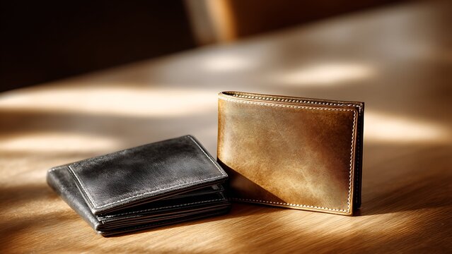 Two classic leather wallets in black and brown on wooden surface, luxury handmade men's accessories in sunlight