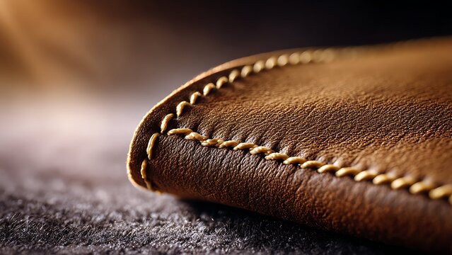 Macro close-up of a neat yellow saddle stitch on a high-quality brown leather product with soft bokeh background