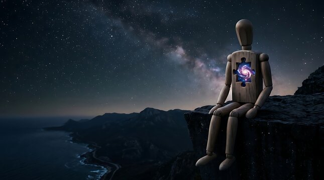 Loneliness Concept Mannequin with Galaxy Through Heart Puzzle