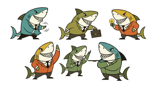 Cartoon sharks in business suits representing teamwork and finance concepts