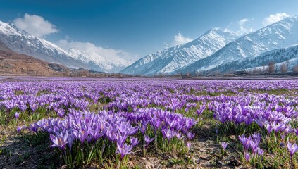 Obraz premium Vast field of purple crocuses blooms below snow-capped mountains