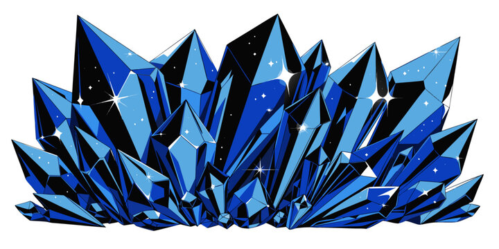 Large cluster of sparkling deep blue crystals with sharp facets gemstone sparkling precious treasure formation reflection beautiful collection isolated background aesthetic brilliant