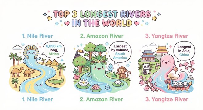 Whimsical educational infographic illustration of the top three longest rivers in the world featuring personified water characters