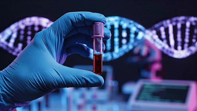 Scientist Analyzing Blood Sample Near DNA Helix | Medical Research Discovery