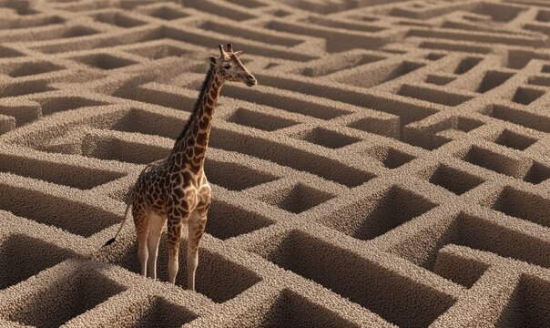 A solitary giraffe stands amidst a complex, geometric maze of sand, creating a surreal and thought-provoking visual.