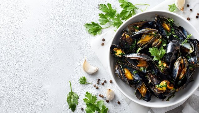 A vibrant overhead shot showcases a bowl of steamed mussels garnished with fresh parsley and accompanied by garlic and peppercorns.