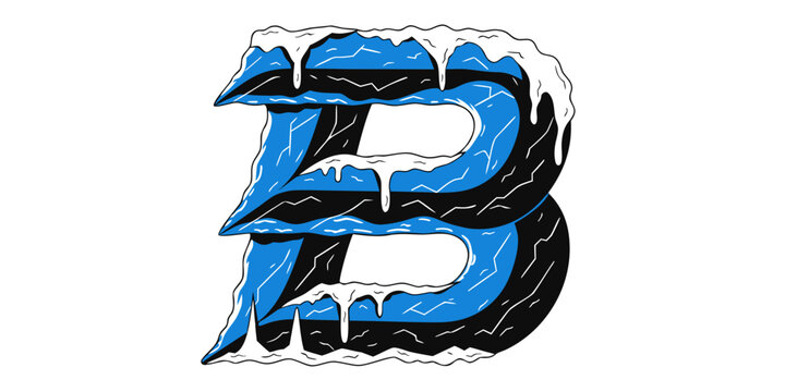 Playful cartoon style uppercase letter b with a thick snow cap and dripping icicles showcasing a cool blue and black frost effect letter b single object white background winter theme