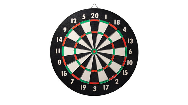 Classic Bristle dartboard with target numbers, bulls-eye center, isolated on a transparent background.