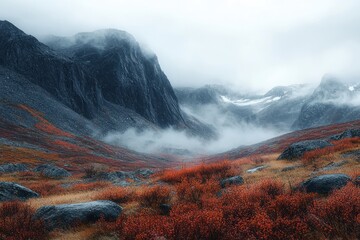 Fototapeta premium fog-filled alpine valley with red autumn shrubs, scattered boulders and towering dark cliffs under a moody overcast sky, serene and dramatic atmosphere