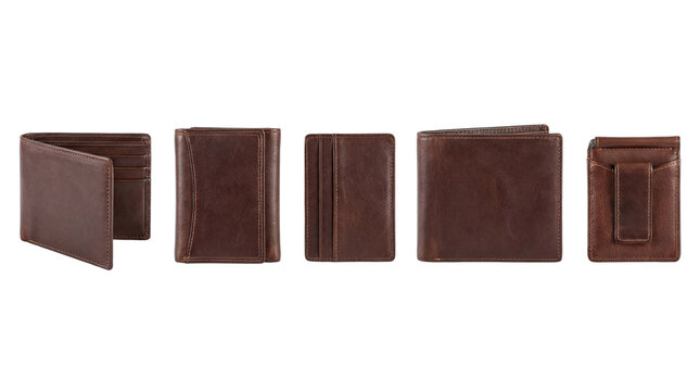 Collection of brown leather wallets and a money clip, showcasing various styles and designs.