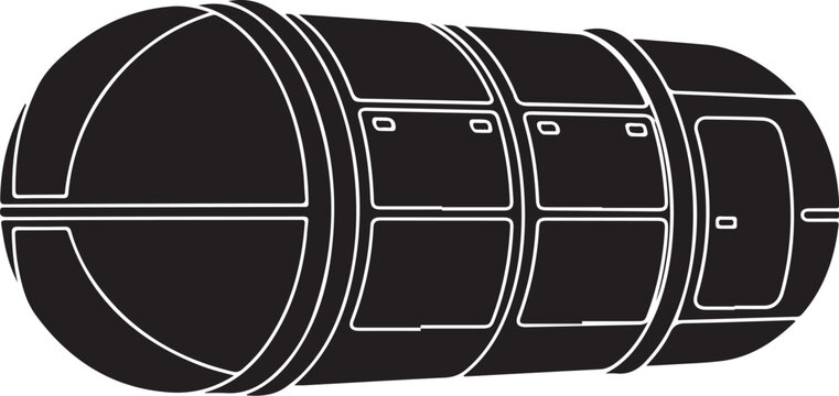 Black barrel icon, industrial cylinder symbol, metallic drum sign, vector illustration