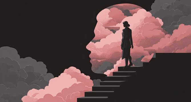 Silhouette of woman ascending stairs within head-shaped cloudscape, symbolizing thoughts