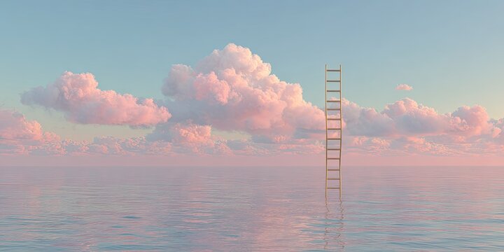 A surreal scene depicts a wooden ladder extending from calm ocean waters towards a vibrant, pink and blue cloudscape, evoking feelings of aspiration and dreamlike tranquility.
