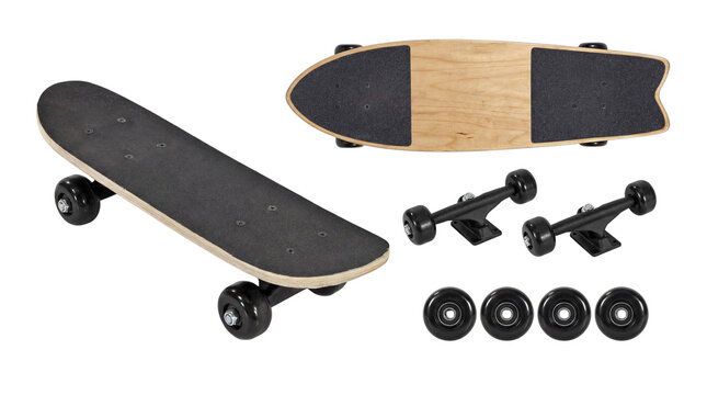 Deconstructed view of a modern skateboard with its separate deck, trucks, and wheels.