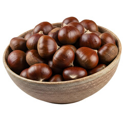 Fototapeta premium Bowl of ripe brown chestnuts with textured surface on white isolated on a transparent background food