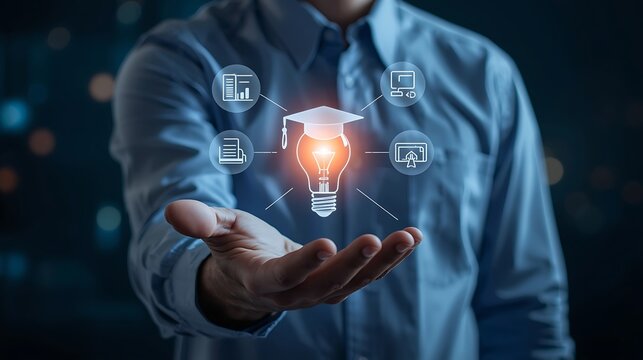 Innovative Education Concept: Graduation Cap Lightbulb Idea Symbolizing Knowledge Growth.