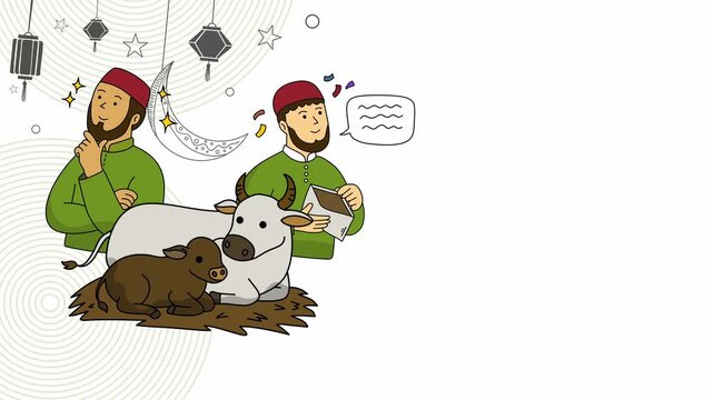 muslim people gathered around livestock for sacrifice preparation and discussion