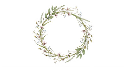 Obraz premium Watercolor floral wreath with green leaves and pink flowers isolated on white background