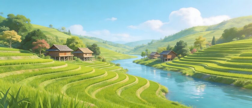 Rice terraces with wooden houses and river