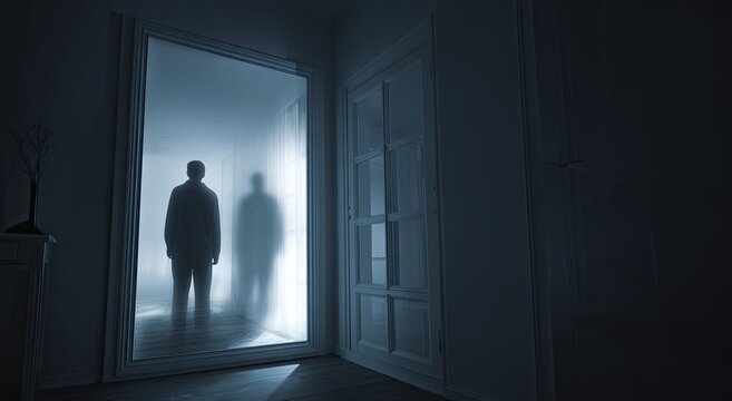 Silhouettes of figures emerge from mist through a glass doorway into a dark room
