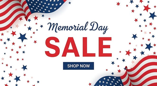 Memorial day sale advertisement with american flags and patriotic stars