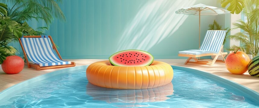 Sunlit backyard pool with an orange inflatable ring holding a halved watermelon, striped lounge chairs, umbrella and tropical plants evoking playful summer relaxation