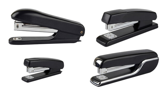 Four black office staplers in various positions and designs, isolated on a transparent background.