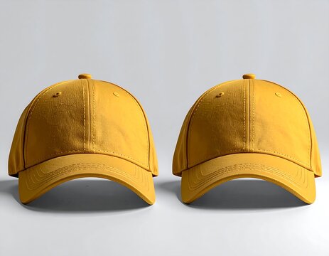 Two identically styled, bright yellow baseball caps are set against a neutral background. The caps have a classic design, with the curved brim facing forward