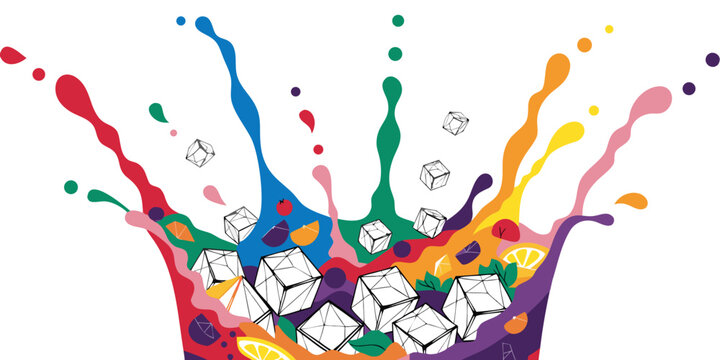 Dynamic colorful fruit splash with mixed berries citrus and ice cubes - refreshing beverage concept illustration white background colorful refreshing beverage strawberry raspberry