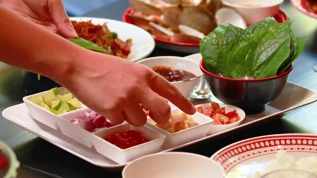 Hands preparing traditional thai appetizer miang kham with betel leaves and various condiments in restaurant.
