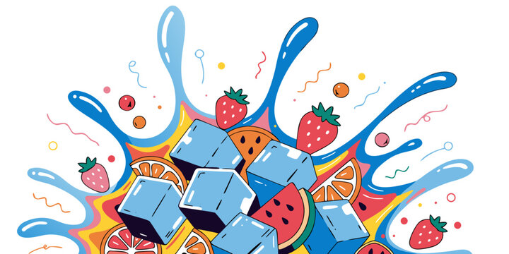 Comic style graphic illustration of blue ice cubes and various fresh fruits like strawberry watermelon and orange slices exploding in a colorful water splash on white background with strawberry