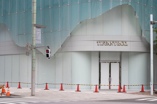 Tokyo, Japan - June 19, 2025: Front view of Tiffany Ginza, Tiffany and Co.'s largest boutique in Asia. Tiffany and Co. is a French-owned American luxury jewelry and specialty design house.