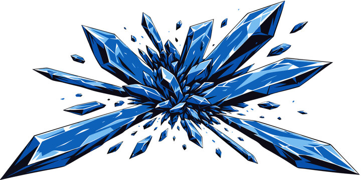 Exploding dynamic sharp blue crystal shards on white background with explosion shattered geometric abstract isolated background structure reflection scattered fragments contrast