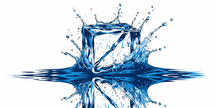 Blue ice cube falling into water with bright splash and reflection illustration isolated refreshing transparent dramatic movement abstract beverage coldness reflection