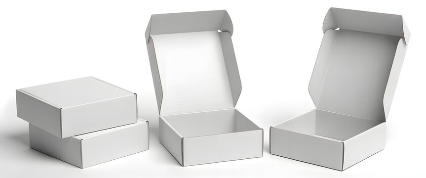Collection of white cardboard mailer boxes shown open and closed on white background
