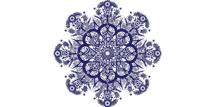 Detailed blue and white snowflake mandala ornament with berries and foliage snowflake ornament christmas seasonal botanical illustration symmetry decorative circular detailed creative