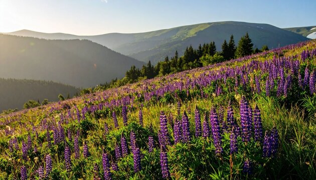 Purple flowers on mountain slope