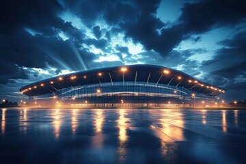 Obraz premium futuristic curved stadium with glowing lights, glass facade and wet reflective plaza under a dramatic stormy sky, cinematic and moody atmosphere of awe and anticipation