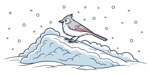 Tufted titmouse bird on a snowdrift during winter snowfall with titmouse snowfall illustration wildlife isolated minimalist stylized character landscape background seasonal © Alone