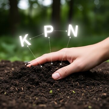 Hand planting seedling in soil with KPN nutrient elements illustration