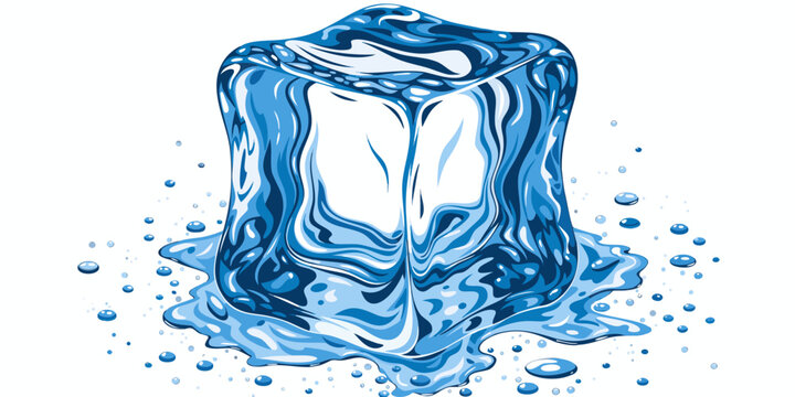 Stylized blue melting ice cube graphic water droplets and a puddle symbolizing coolness refreshment change of state with liquid water drop of water frozen water splash cooling effect