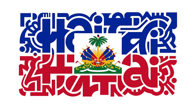 Vibrant and abstract representation of the Haitian national flag, featuring a unique geometric and calligraphic pattern that embodies the nation's rich culture and spirit